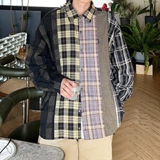 新款复古美式设计感长袖衬衣宽松拼接格子宽松衬衫男女潮0936-p48，男装衬衫，星座1008-1