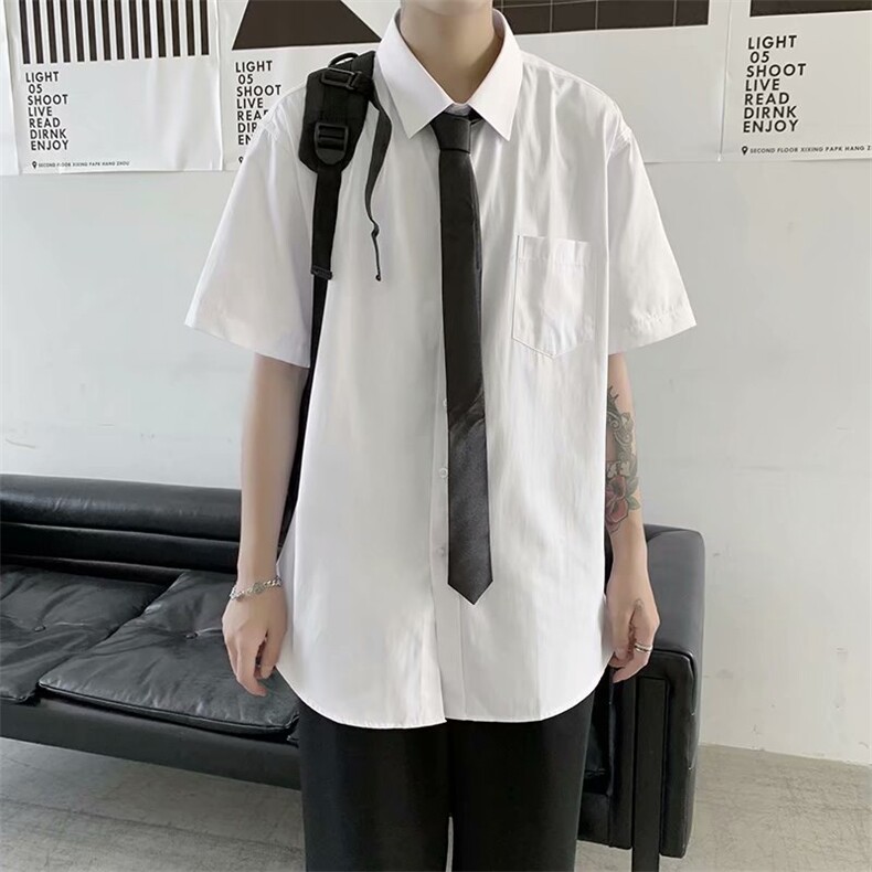 配领带夏季短袖衬衫男韩版潮流宽松港风休闲学生衬衣CS1002-p28，男装衬衫，星座1008-1