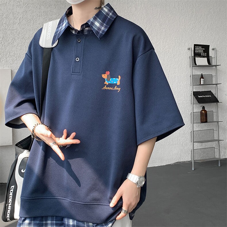 现货DX10119-特批30控68夏季新款大码假两件腊肠狗短袖T恤,男装T恤,电商A059