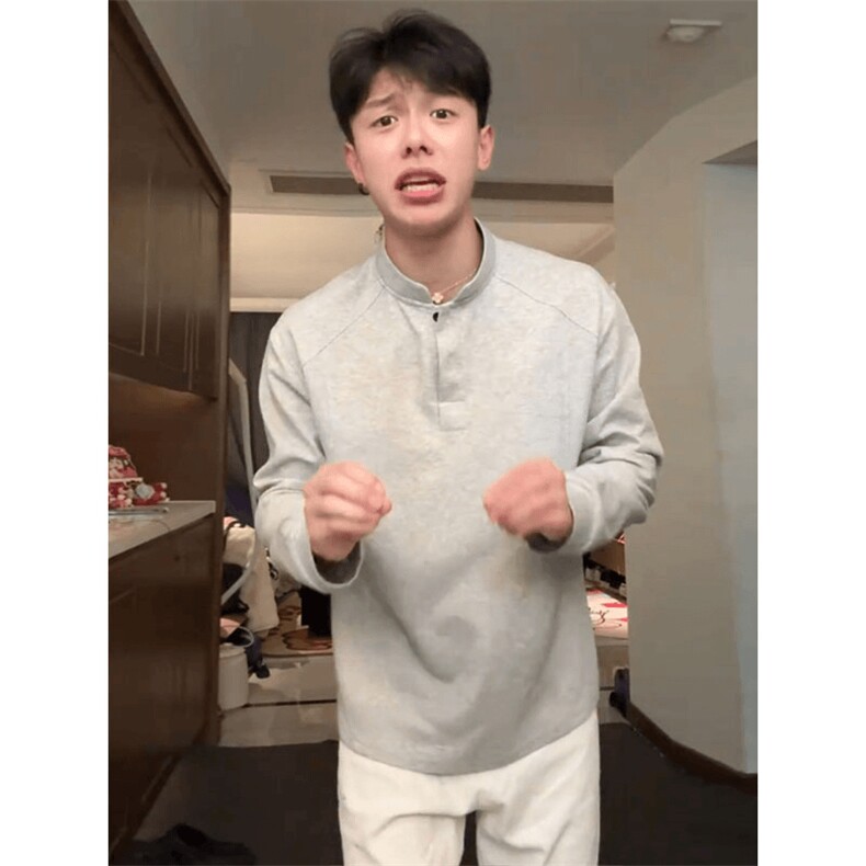 抖音得物品质美式高街重磅曼巴棉拼接cleanfit亨利领卫衣长袖T恤,男装T恤,电商A486