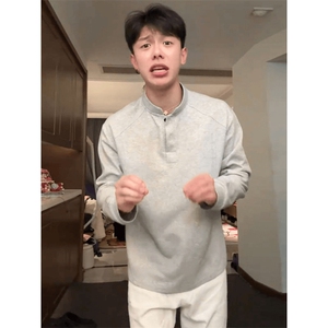 抖音得物品质美式高街重磅曼巴棉拼接cleanfit亨利领卫衣长袖T恤图片