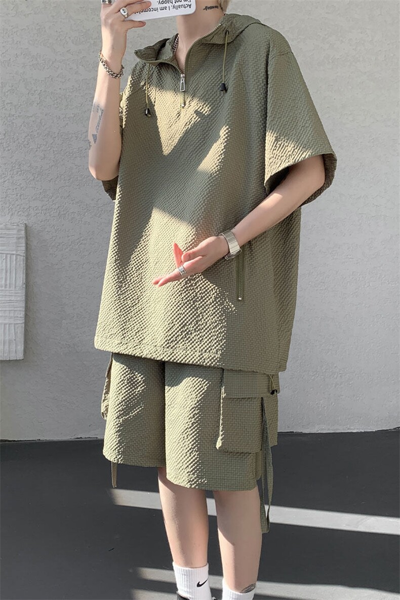 现货TZ772-特批56新款速干肌理感短袖衬衫短裤T恤大码套装,男装休闲套装,电商A059