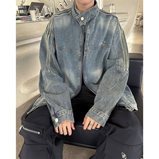 美式牛仔外套男春秋款美式复古高级感欧美潮牌条纹立领夹克衫，男装夹克，星座410-7
