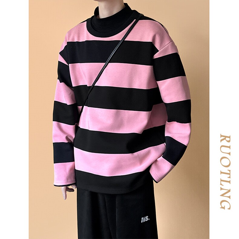 春秋现货高品质潮牌卫衣98.4%棉粉色条纹上衣宽松A351-AW2514-P75,男装卫衣,电商A351