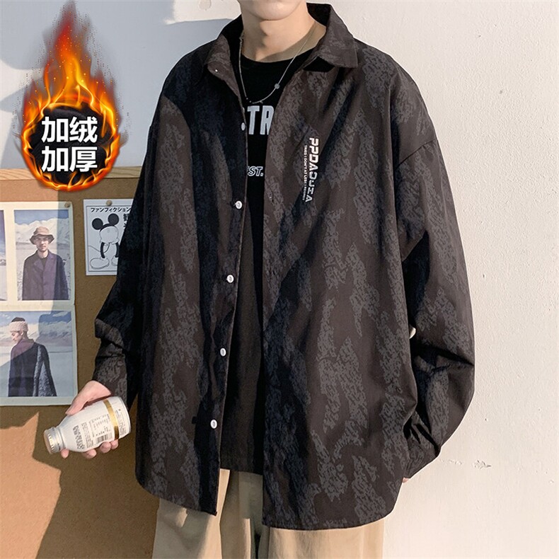 冬款潮大码男高街暗纹印花加绒加厚宽松衬衫C3511J加绒-P50,男装衬衫,电商A001-1