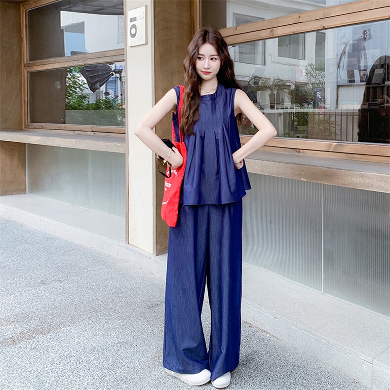 高级感无袖牛仔上衣阔腿裤两件套女夏超火独特绝美韩系松弛感套装,女装大码女装,2D080