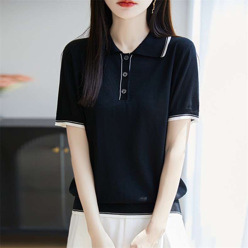 polo领拼色短袖2025夏季新款减龄t恤女士洋气别致上衣服,女装T恤,广悦羊绒