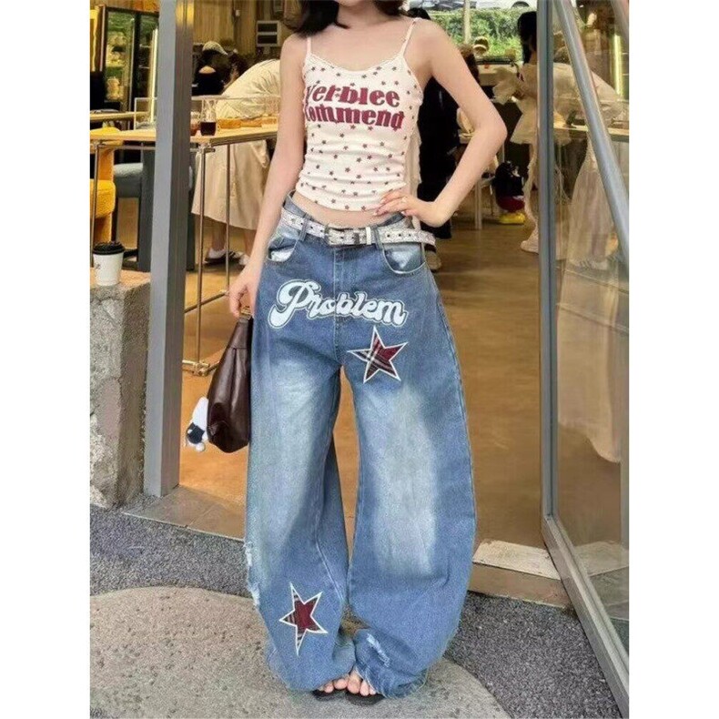 网图现货牛仔裤女男夏季美式高街水洗直筒阔腿长裤RN6079-P65，男装牛仔裤，星座1005-4