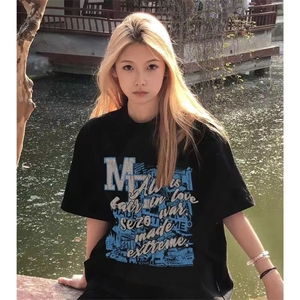T0654-P25 24新款美式纯棉复古印花短袖 男女同款情侣百搭上衣图片