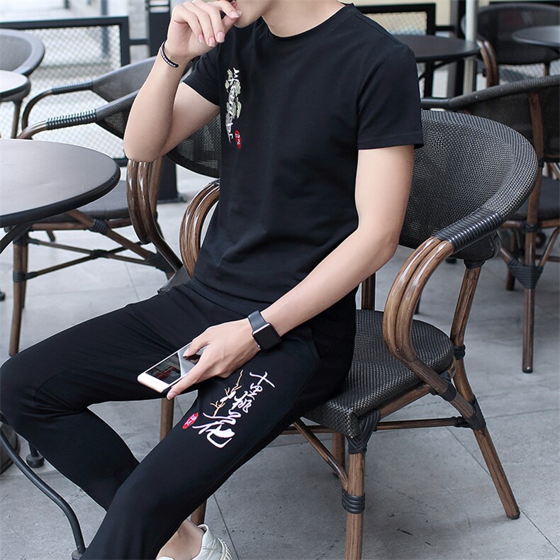 2021夏季男圆领短袖九分裤套装刺绣男韩版修身棉T恤A112-t702-P60图片