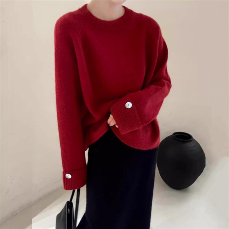 2025年秋季时尚百搭通勤简约休闲圆领袖带扣，女装羊毛衫，洁纯羊绒
