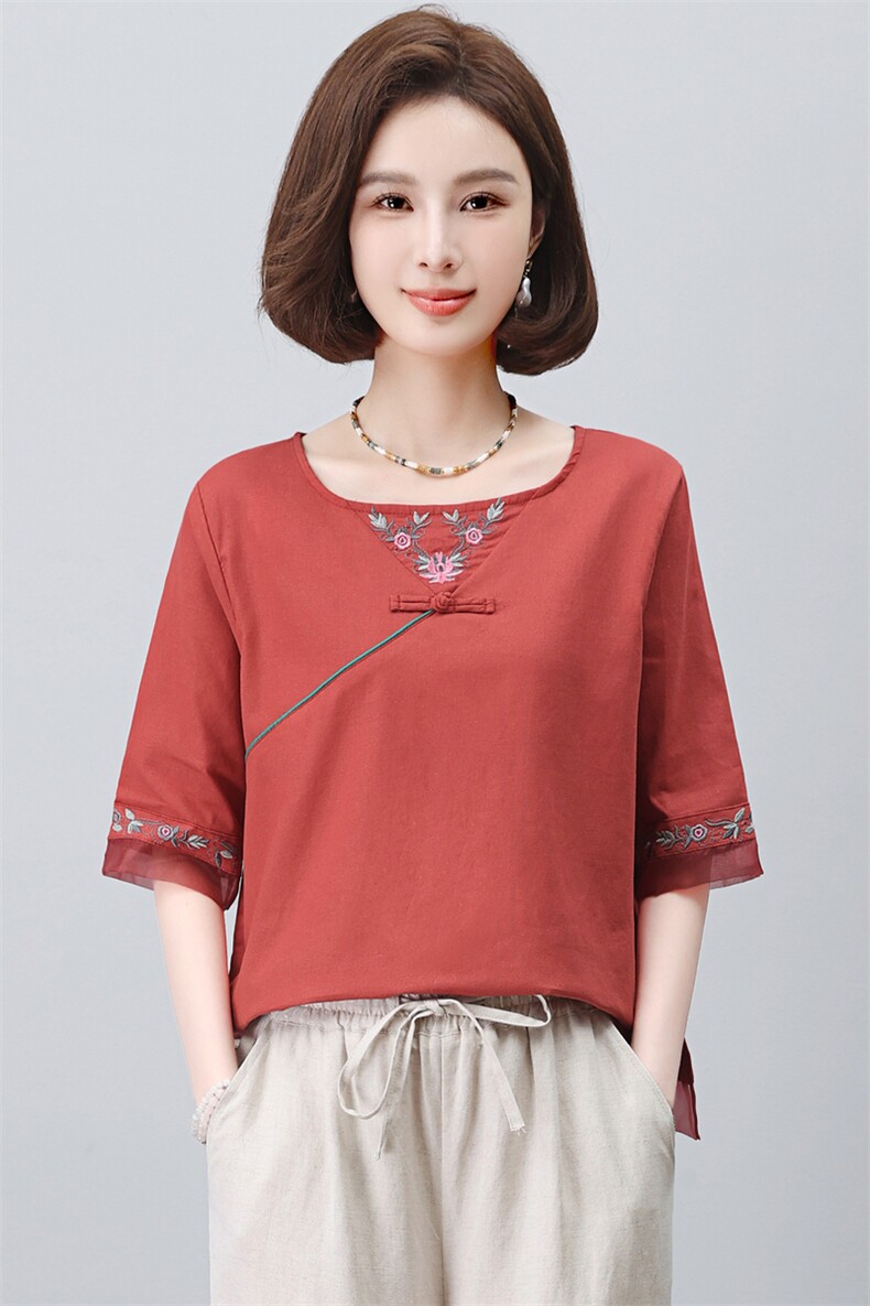 长期有货时尚休闲女2026新款韩版夏季短袖宽松棉麻苎麻复古风洋气,女装衬衫,璐依舞