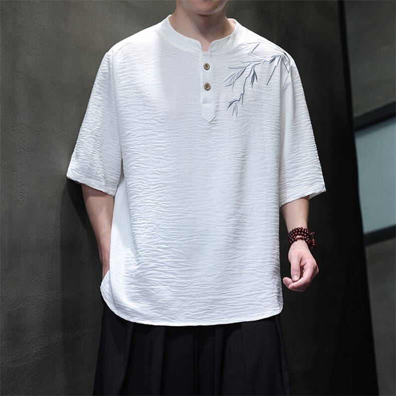 夏季冰丝立领短袖男风刺绣五分袖凉感大码垂感T恤男T812P55，男装T恤，电商A021A