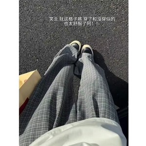 复古格子裤子男秋季垂感直筒拖地裤潮牌宽松阔腿休闲裤X3377-P52图片