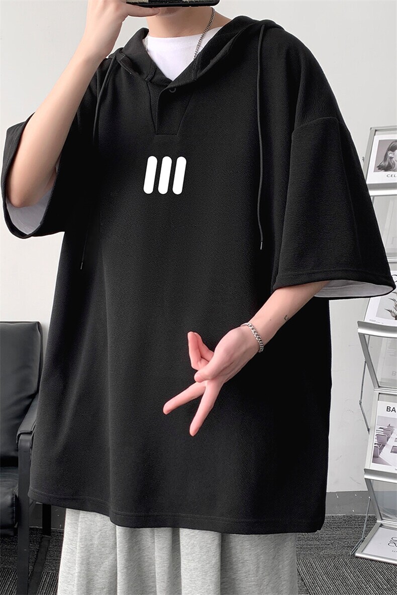 LD5436-P45连帽短袖t恤男大码胖子带帽五分袖中袖,男装T恤,电商A040