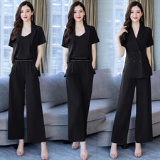 现货阔脚裤2024夏季新款休闲舒适气质通列简约纯色上衣三件套套装，女装套装/套裙，韩美纤衣