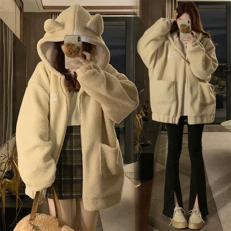 C917-P120 杏色羊羔毛外套2025秋冬季设计感加绒加厚保暖棉衣棉服图片