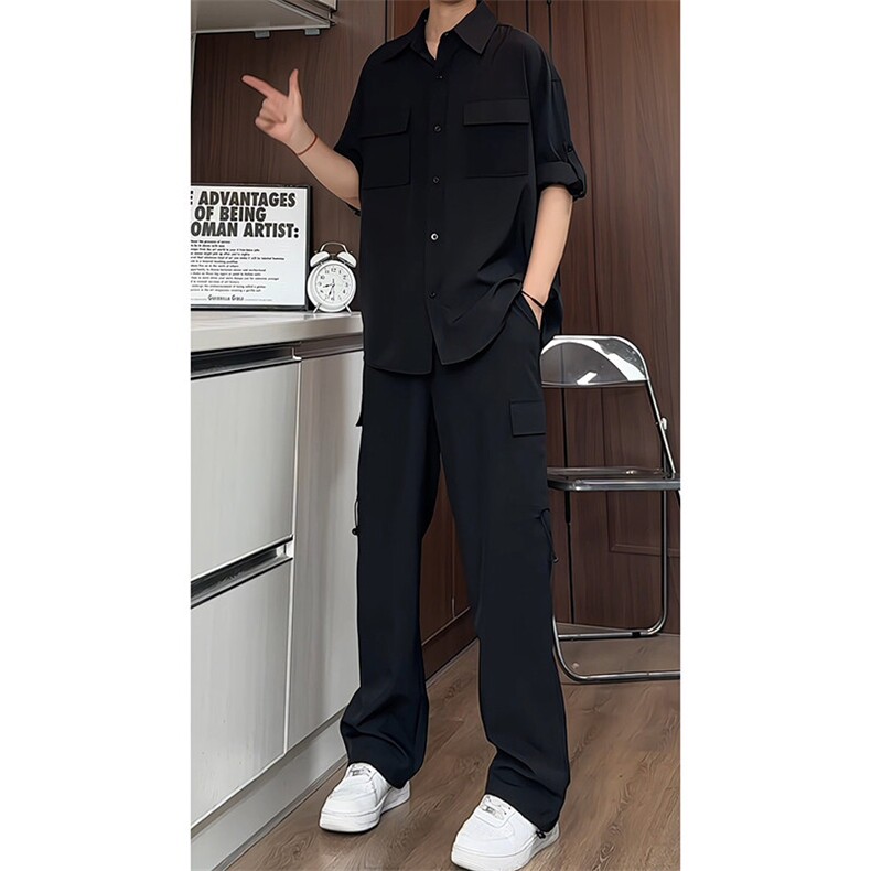TZ50419076/P70套装冰丝凉感黑色纯色衬衫工装裤两件套男衬衣裤子,男装衬衫,电商A141