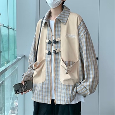 春秋韩版假两件外套男宽松百搭港风ins情侣格子衬衫夹克W3504-P55，男装夹克，星座512-2