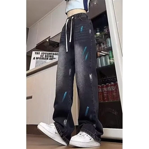 小众设计泼墨水洗宽松显瘦潮牌做旧直筒vibe风牛仔裤女裤 N9069图片