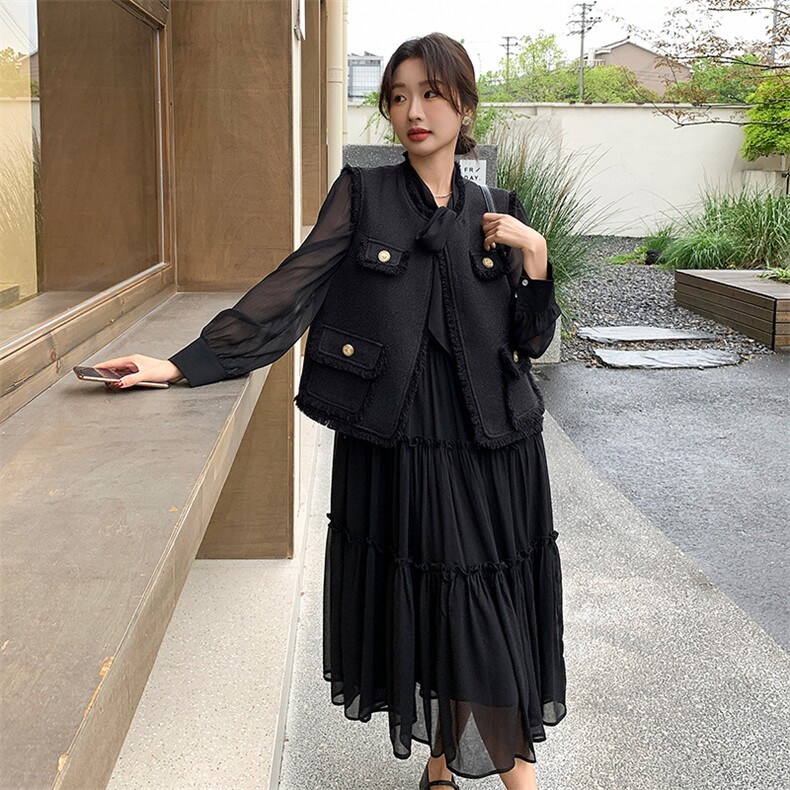 法式小香风流苏马甲连衣裙两件套女春秋新款轻熟风白色气质长裙子,女装套装/套裙,纯色衣恋