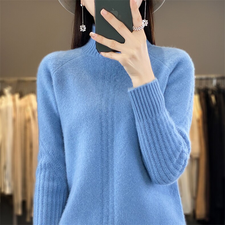 2024新款半高领羊毛衫女100羊毛针织打底衫宽松秋冬季毛衣,女装羊毛衫,秋虹羊绒