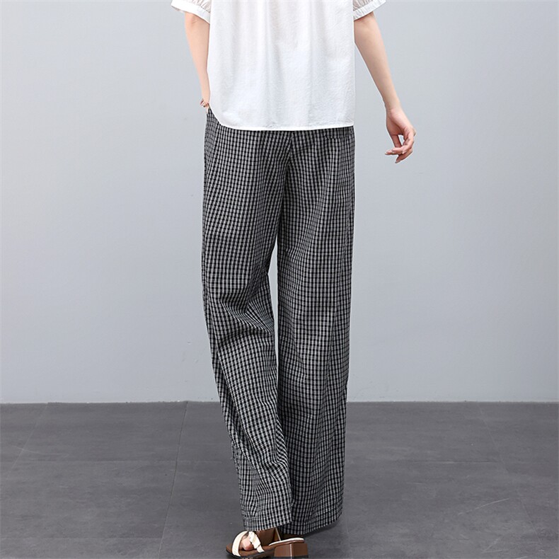 蓝色休闲格子山本裤女夏季薄款宽松慵懒高腰显瘦小个子拖地阔腿裤,女装休闲裤,叶笙衣
