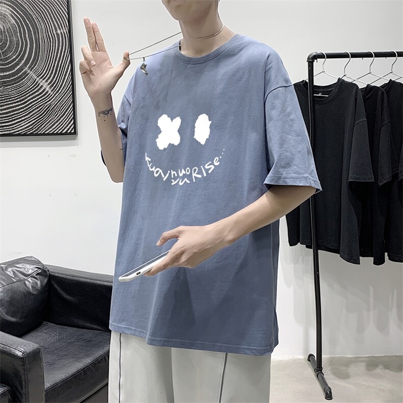 T1795P25港风室内宽松T恤棉2021男线条笑脸英文印花短袖T恤,男装T恤,星座510A-1