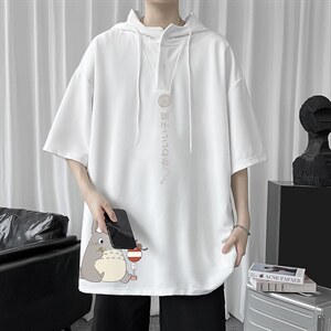 LD54152-P45 连帽短袖t恤男大码胖子带帽五分袖中袖图片
