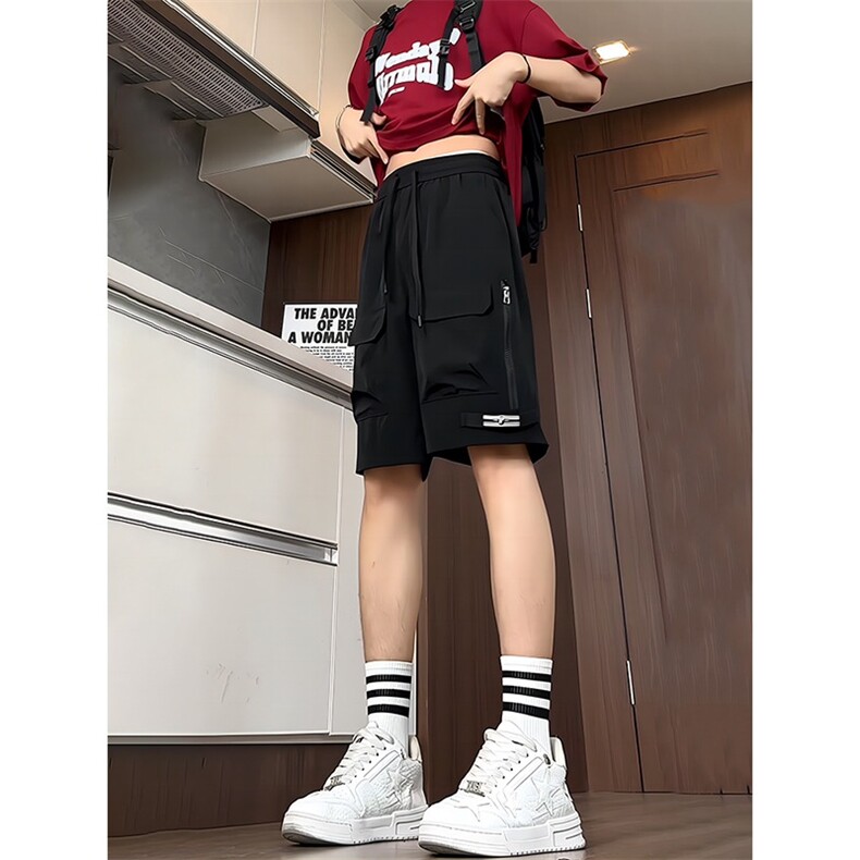 美式橙色大码工装冲锋短裤男夏季青少年穿搭侧拉链冰丝速干五分裤,男装牛仔裤,星座506A