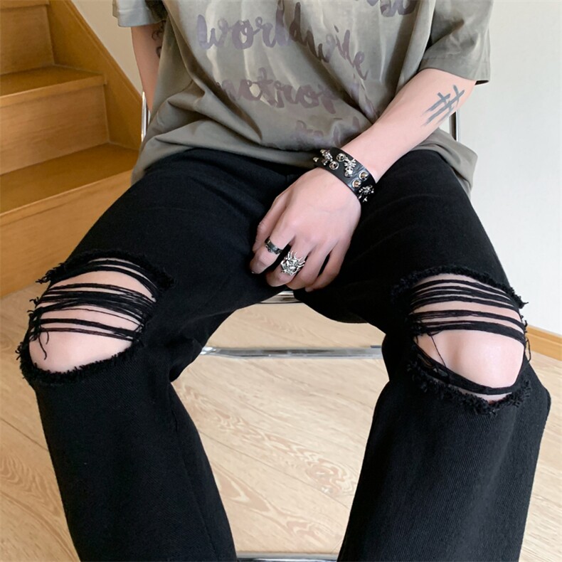 B221美式ins高街小众百搭微喇拉链破洞牛仔裤LK23086-P60控78,男装牛仔裤,电商B221
