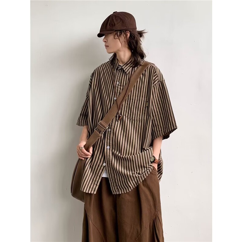 日系复古原宿风条纹短袖衬衫男女夏季宽松工装衬衣A5216-P35，男装T恤，星座208-5