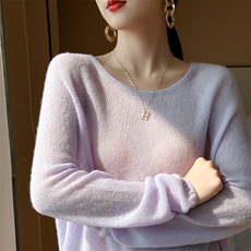 2025年夏季落肩袖长袖免烫处理套头宽松型一字领衫纯色，女装针织衫/毛衣，溪贝羊绒