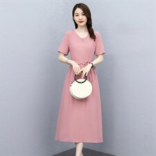 2021夏季新款简约气质减龄V领时尚腰部抽绳系带收腰修身连衣裙，女装连衣裙，多彩