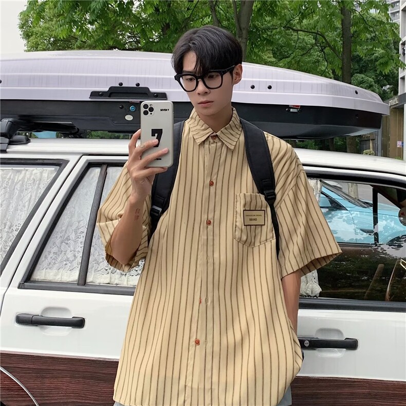 日系条纹衬衫短袖男夏季设计感上衣外套潮牌潮流痞帅港风衬衣,男装衬衫,星座716-2