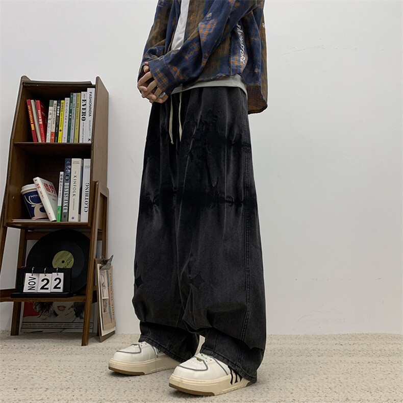 扎染牛仔裤男松紧腰宽松阔腿牛仔裤1001-1-6134-P53,男装牛仔裤,星座1001-1