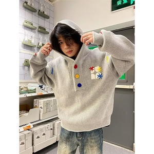 美式复古刺绣连帽毛衣男女款多巴胺彩色宽松针织衫慵懒风卫衣外套