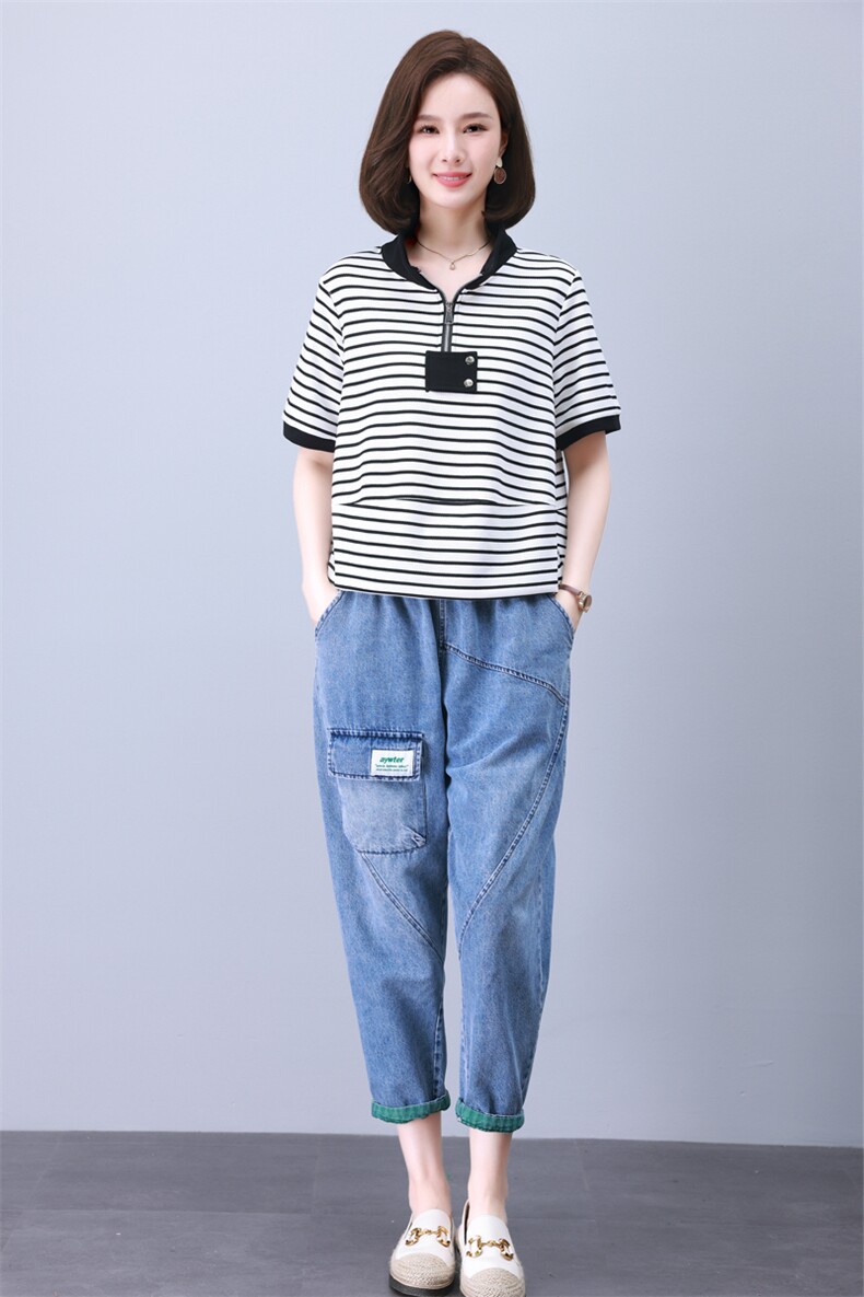 夏季T恤套装女2024年新款中年妈妈宽松时尚短袖休闲牛仔裤两件套,女装套装/套裙,叶笙衣