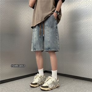 夏季新款港风系带水洗牛仔短裤休闲五分裤B315-K23215-P45控58图片