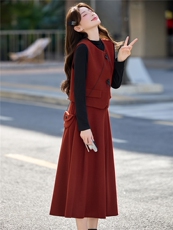 轻奢优雅风红色马甲套装裙女2026春季新款高级感通勤半身裙三件套，女装套装/套裙，意芙