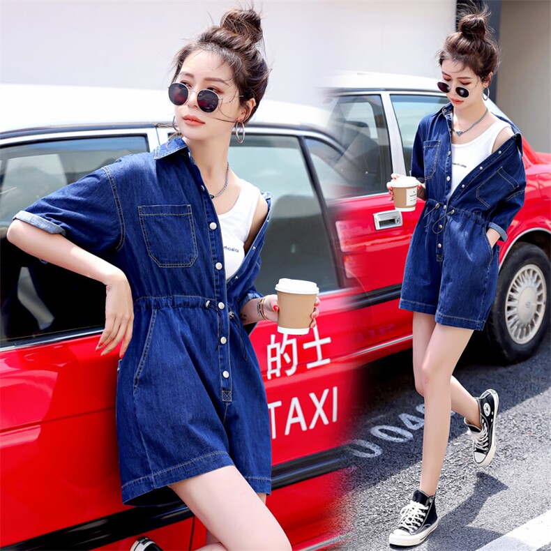 2022夏季新款简约时尚个性气质翻领抽绳收腰显瘦牛仔连体短裤，女装连体裤，瑶迪依秀