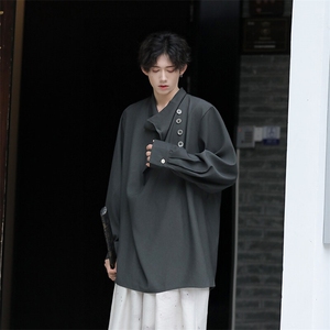 中性风设计感山本耀司不规则立领衬衫男复古暗黑风高级感纯色衬衣图片