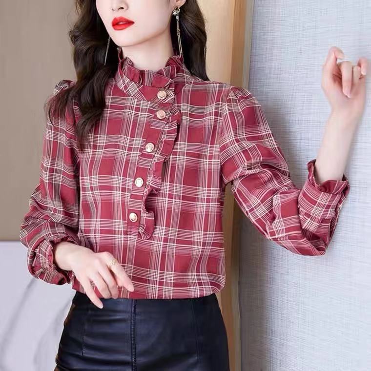 格子雪纺衬衫女士春装2021年新款秋时尚欧货上衣小衫长袖洋气衬衣,女装衬衫,潮品会