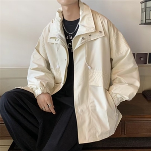 2022假两件冲锋衣外套男秋季oversize潮工装夹克高街休闲上衣,黑色羽绒服搭配白色帽子好看图片