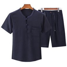 大货夏男款中老年风亚麻短裤套装短袖T恤棉麻T恤短裤套装，男装牛仔裤，钱塘723