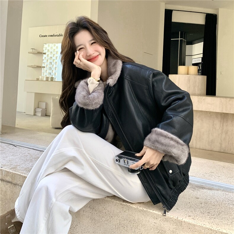 韩2026新款冬季仿兔绒皮衣外套女保暖内胆复古加厚夹克女,女装皮草,2C218