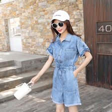 现货款牛仔连体裤宽松阔腿裤收腰短裤16088601，女装牛仔裤，艾青服饰