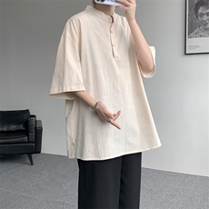 8XL-M中式立领棉麻T恤特大码亨利领亚麻短袖polo衫半袖DX1210/P45，男装T恤，电商B238