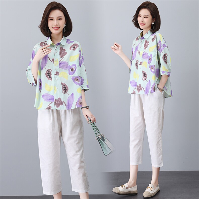 大量现货印花休闲中袖衬衣套装2023夏季新款薄款棉麻女士气质，女装大码女装，奕阳依阁