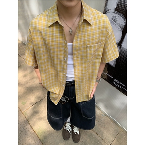 美式复古格子衬衫夏季百搭潮流男士衬衣潮流情侣装百搭短袖 P38图片